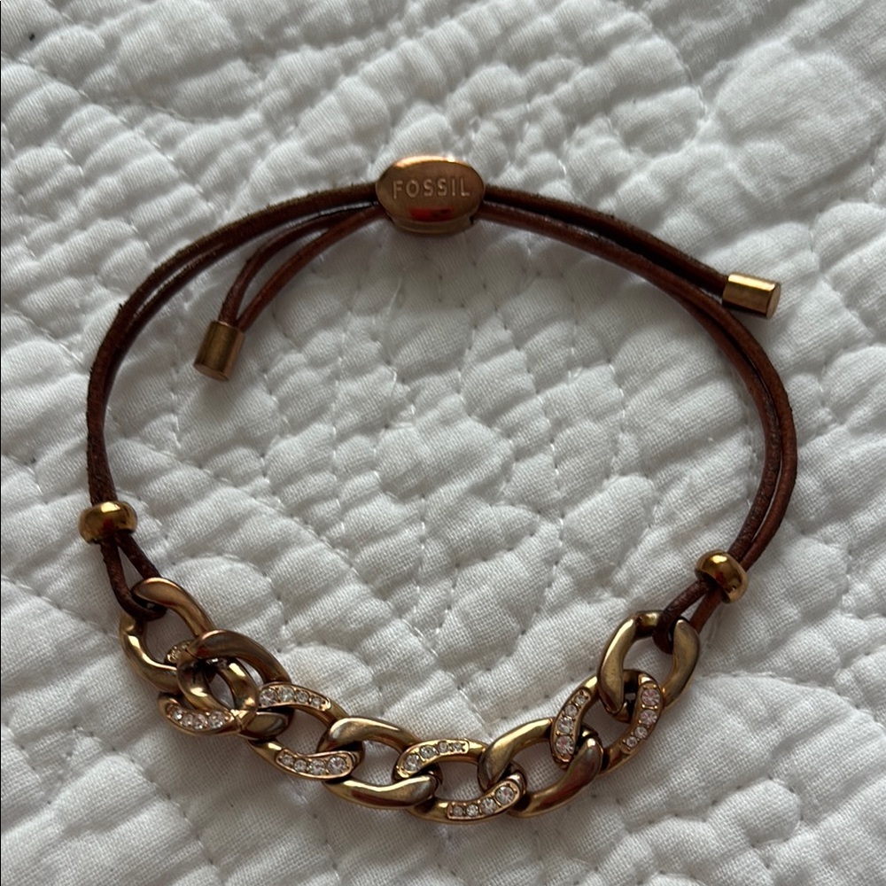 Fossil Gold and Brown Leather Chain Bracelet